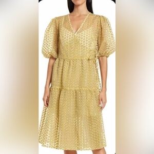 Topshop Daisy Puff Sleeve Wrap Dress Sz 6 White w/ Yellow Daises Semi Sheer NWT